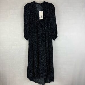 ZARA Polka Dot Viscose Midi‎ Dress Long Sleeve Smocked Waist Womens Small NWT